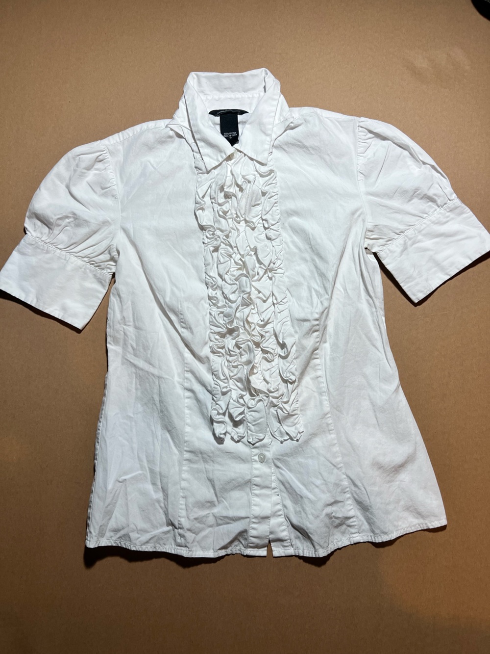 Moda International White Ruffle Front Button-Down Blouse